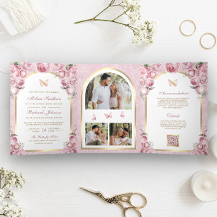 Convite Com Dobra Tripla Noiva Borboleta Arco Dourado Floral Rosa Rubor