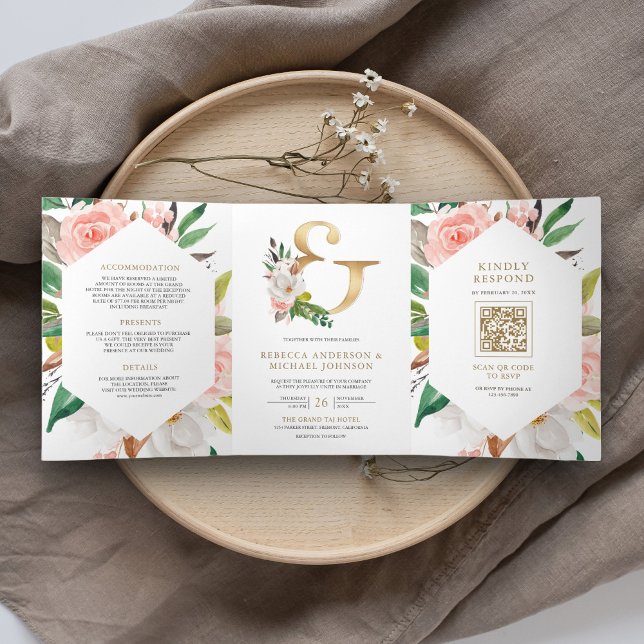 Convite Com Dobra Tripla Noiva Código QR Floral Rosa Ampersand Dourado (Criador carregado)