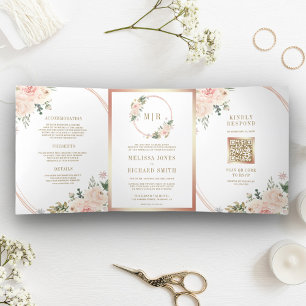 Convite Com Dobra Tripla Noiva Código QR Floral Rosa Dourado