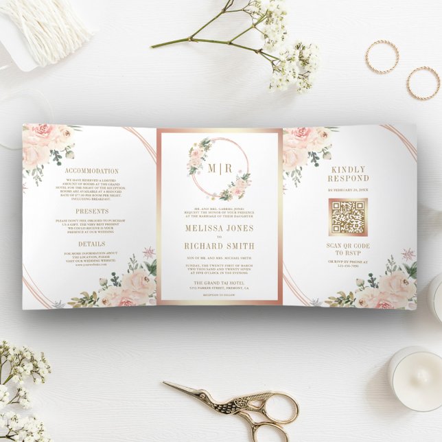 Convite Com Dobra Tripla Noiva Código QR Floral Rosa Dourado (Criador carregado)
