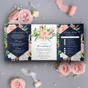 Convite Com Dobra Tripla Noiva Floral Azul Naval Rosa Bege Magnólia Branca