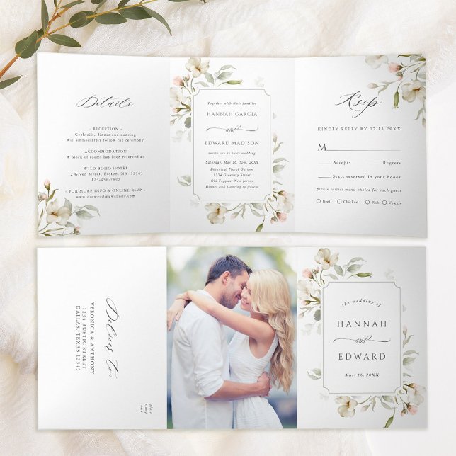 Convite Com Dobra Tripla Noiva Floral Elegante Casamento Sage Blush Branco (Inside & Outside)