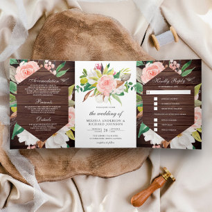 Convite Com Dobra Tripla Noiva Floral Rosa Bege Magnólia Branca Madeira Cel