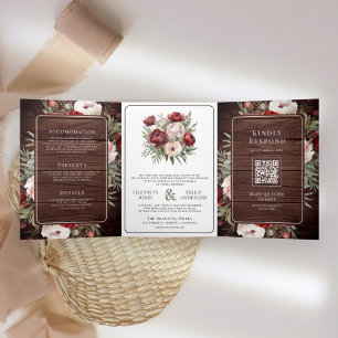 Convite Com Dobra Tripla Noiva Floral Rústica de Madeira Rosa Bege Borgonha