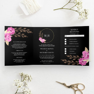Convite Com Dobra Tripla Noiva Preta Boho Rosa Orquídea Floral Tudo Em Um