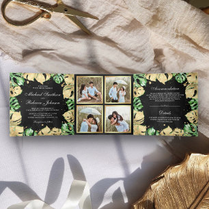 Convite Com Dobra Tripla Noiva Preto Monstera Palma Verde e Dourado em Folh