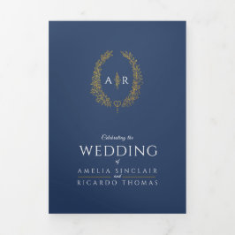 Convite Com Dobra Tripla Opção de casamento RSVP de ouro azul-escuro monogr