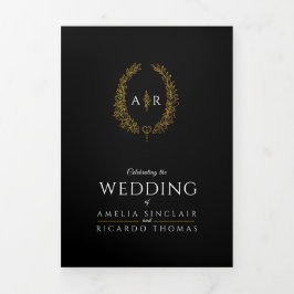 Convite Com Dobra Tripla Opção de refeição de casamento com folha de ouro p