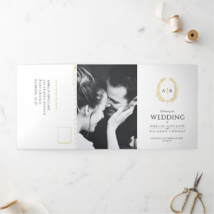 Convite Com Dobra Tripla Opção de refeição de casamento preto com ouro bran