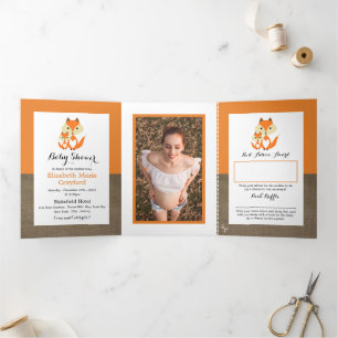 Convite Com Dobra Tripla Orange Fox Burlap, Chá de fraldas Suite
