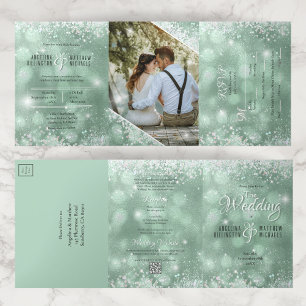Convite Com Dobra Tripla Orçamento Aqua Brilho Foto Tudo em Um Casamento
