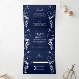 Convite Com Dobra Tripla Ornamentado de espirais brancas em casamento azul 