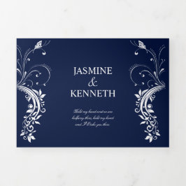 Convite Com Dobra Tripla Ornamentado de espirais brancas em casamento azul