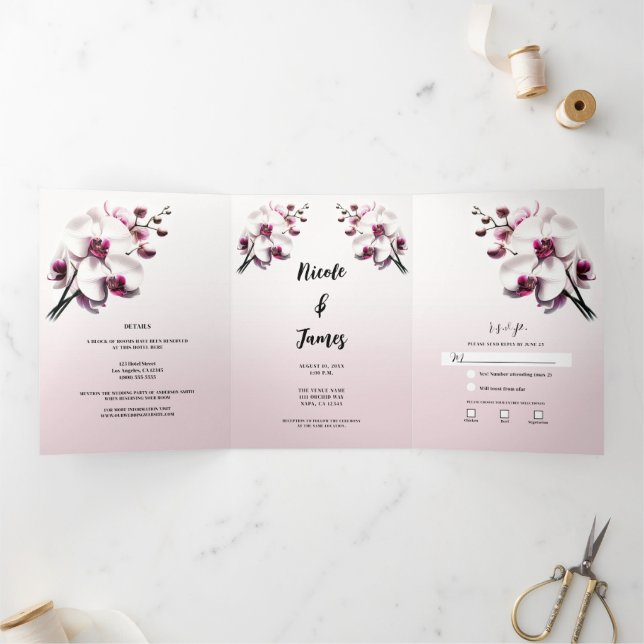Convite Com Dobra Tripla Orquídea Rosa e Branca para Casamento (Dentro)