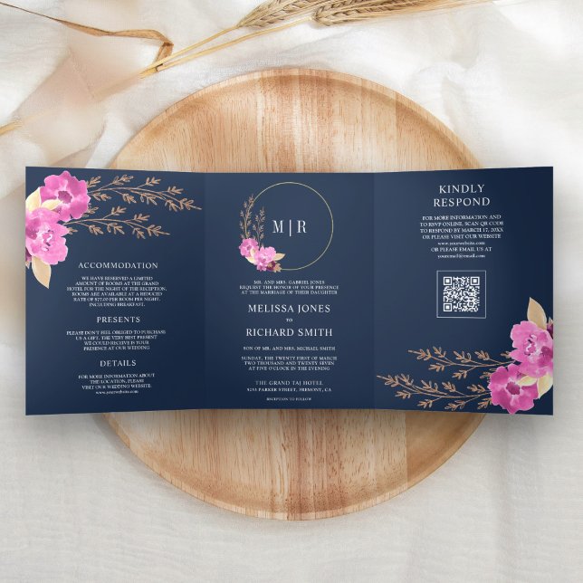 Convite Com Dobra Tripla Orquídea Rosa Magenta Floral Código QR Casamento A (Criador carregado)