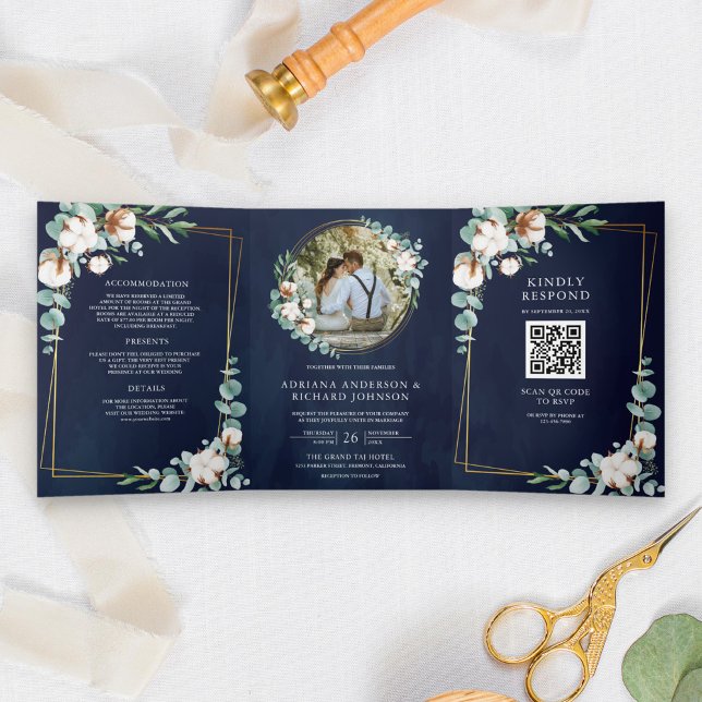 Convite Com Dobra Tripla Ouro Rústico Algodão Eucalipto Código QR Casamento (Criador carregado)