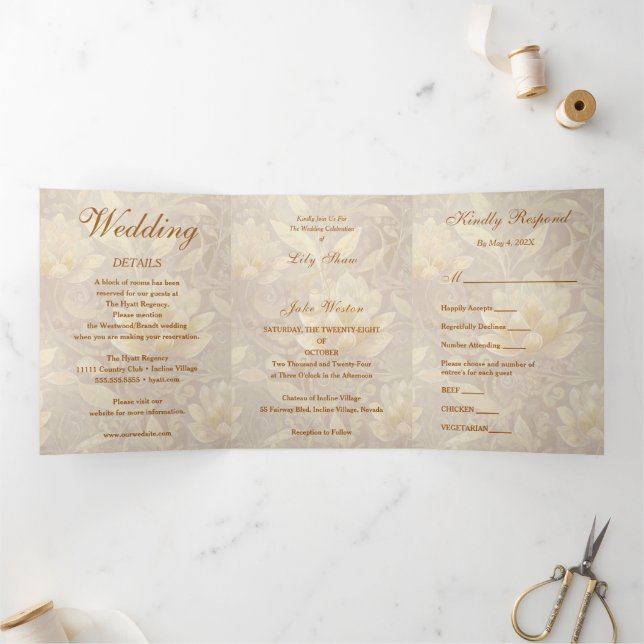 Convite Com Dobra Tripla Ouro Sunshine Floral Wedding (Dentro)