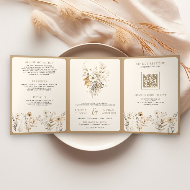 Convite Com Dobra Tripla Outono Boho Foto Código QR Flor Silvestre Casament (Criador carregado)