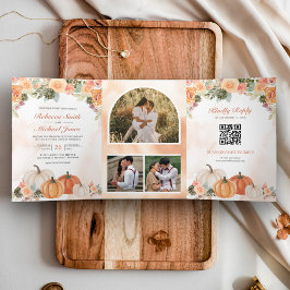 Convite Com Dobra Tripla Outono Floral de Abóbora Código QR Casamento