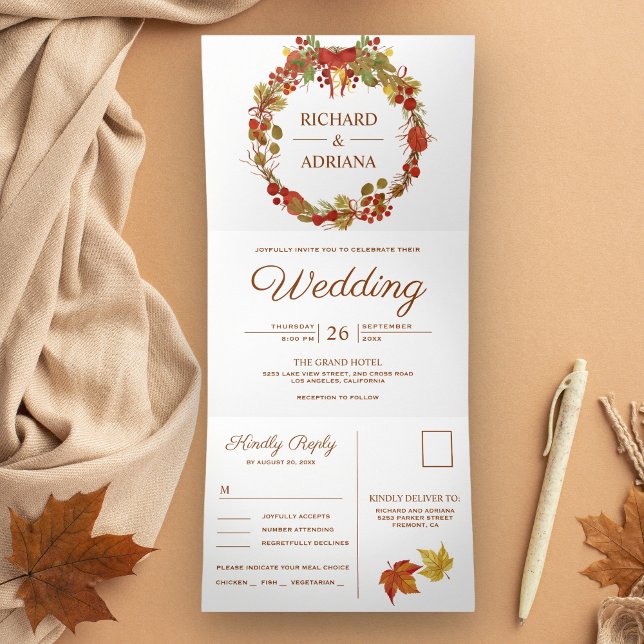 Convite Com Dobra Tripla Outono Rustico País Folhas Coroa Casamento (Criador carregado)