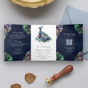 Convite Com Dobra Tripla Pacock Floral Feather QR Code Marinho Blue Weding