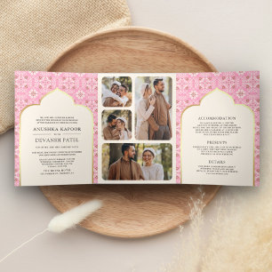 Convite Com Dobra Tripla Padrão Rosa Marfim Tudo em Um Casamento Indiano
