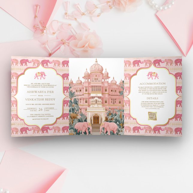 Convite Com Dobra Tripla Palácio Indiano Elefante Rosa e Dourado Foto Casam (Criador carregado)