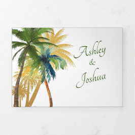 Convite Com Dobra Tripla Palm Tree Beach Wedding Tri-Fold