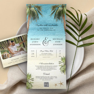 Convite Com Dobra Tripla Palmeiras Tropicais Modernas Código QR Casamento n