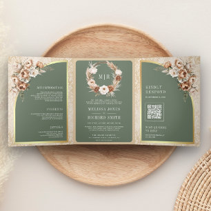 Convite Com Dobra Tripla Pampas Bege Terroso Floral Verde Salvia Casamento