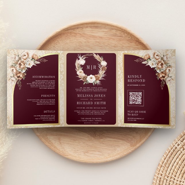 Convite Com Dobra Tripla Pampas Beige Earthy Floral Burgundy Wedding (Criador carregado)