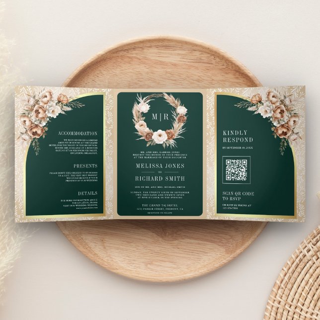 Convite Com Dobra Tripla Pampas Beige Earthy Floral Emerald Green Wedding (Criador carregado)
