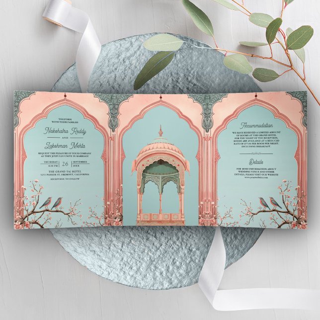 Convite Com Dobra Tripla Pássaros Românticos Gazebo Rosa Palácio Indiano Ca (Criador carregado)
