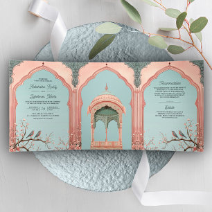 Convite Com Dobra Tripla Pássaros Românticos Gazebo Rosa Palácio Indiano Ca