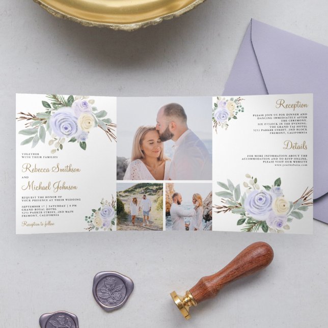 Convite Com Dobra Tripla Pastel Purple Floral Tudo em Um Casamento (Criador carregado)