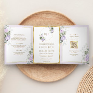 Convite Com Dobra Tripla Pastel Purple Sage Green Floral Tudo em Um Casamen