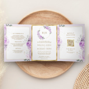 Convite Com Dobra Tripla Pastel Purple Watercolor Floral Tudo em Um Casamen