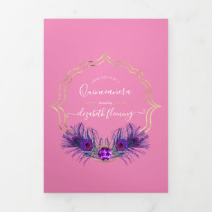 Convite Com Dobra Tripla Pavão Rosa e Dourado Quinceañera 