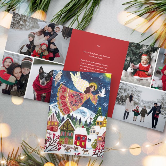 Convite Com Dobra Tripla Paz de anjo de Natal na Terra Foto Natal (Christmas angel of peace Family Photo Christmas Tri-Fold Invitation)