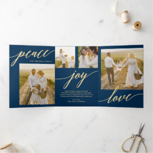 Convite Com Dobra Tripla Peace Joy Love EDITABLE COLOR Trideal Holiday Card