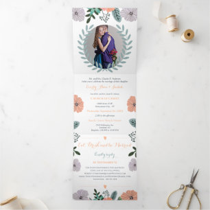 Convite Com Dobra Tripla Peach Lavanda Love Mint Green Floral Weding