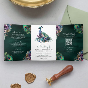 Convite Com Dobra Tripla Peacock Floral Feather QR Code Emerald Wedding
