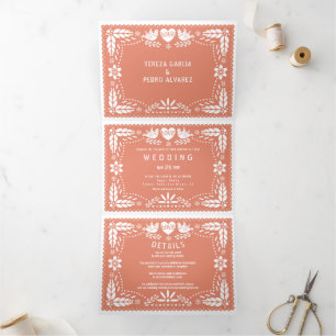 Convite Com Dobra Tripla Pêssego coral papel picado amor casamento