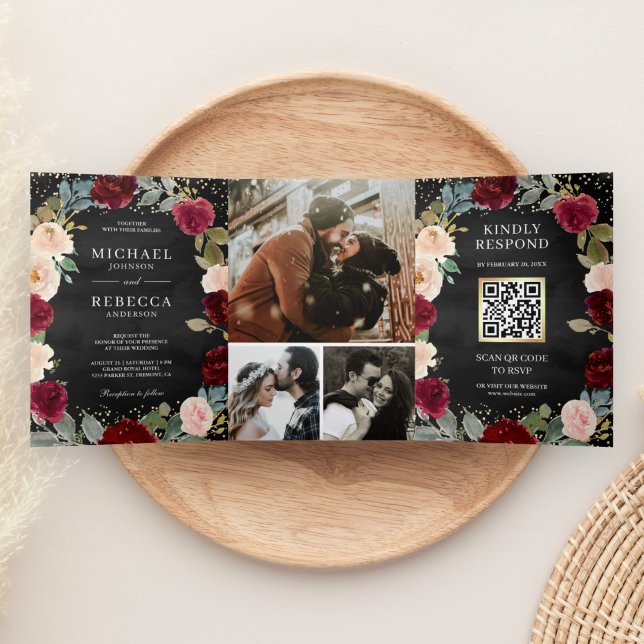 Convite Com Dobra Tripla Pêssego Floral Código QR Preto Casamento (Criador carregado)