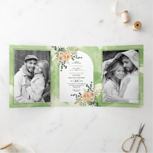 Convite Com Dobra Tripla Pêssegos, flores de cacto, folhas de casamento fl