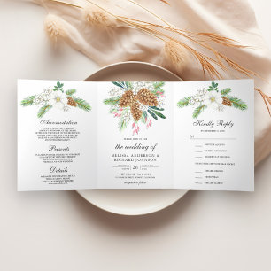 Convite Com Dobra Tripla Pinhas com Frutas Brancas 3 em 1 Natal Casamento