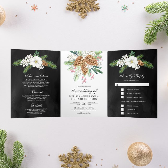 Convite Com Dobra Tripla Pinhas com Frutas Brancas Natal Casamento Preto (Criador carregado)