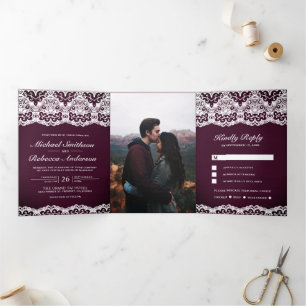 Convite Com Dobra Tripla Plum Wood Country Lace All in One Wedding