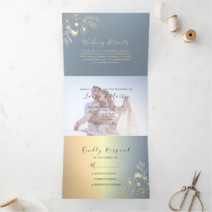 Convite Com Dobra Tripla Pó Azul Dourado Floral Foto Casamento