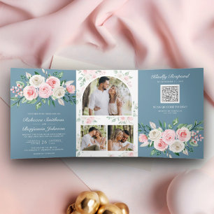 Convite Com Dobra Tripla Pó Floral Rosa Bege Azul Código QR Casamento